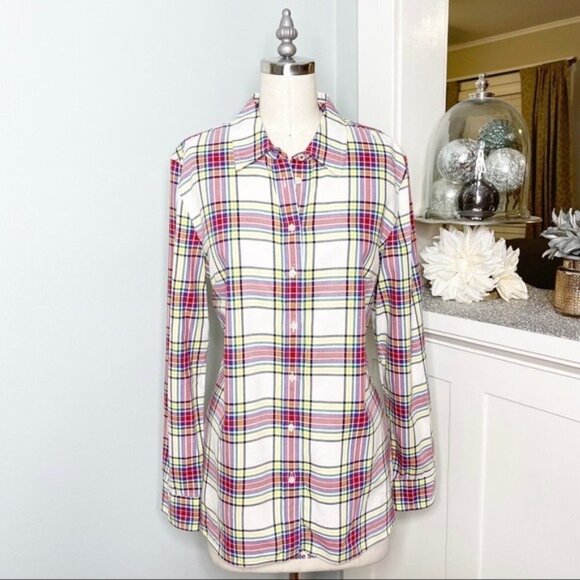 Talbots Classic Cotton Plaid Button Down Shirt Medium White Red Yellow Blue - Picture 3 of 11